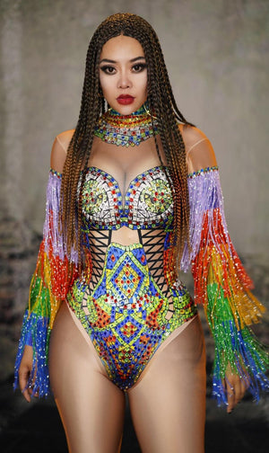 FESTIVAL FASHION - Rainbow Rhinestones Tassel Sleeve Bodysuits - Desert Queen - Religious Art Bodysuit