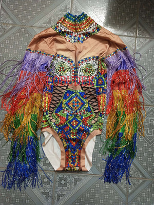 FESTIVAL FASHION - Rainbow Rhinestones Tassel Sleeve Bodysuits - Desert Queen - Religious Art Bodysuit