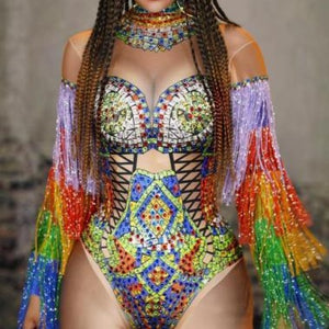 FESTIVAL FASHION - Rainbow Rhinestones Tassel Sleeve Bodysuits - Deser – By  Order Of The Queen