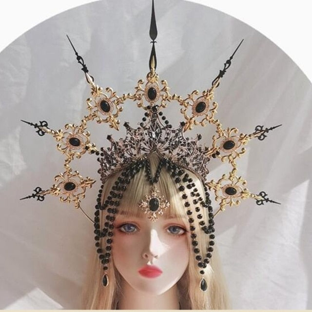 Baroque Spike Halo Crown Headpiece Headdress, Gold Queen Headdress