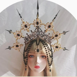 Baroque Spike Halo Crown Headpiece Headdress, Gold Queen Headdress