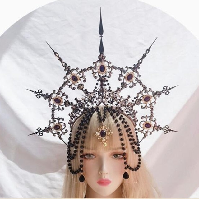 Baroque Spike Halo Crown Headpiece Headdress, Gold Queen Headdress