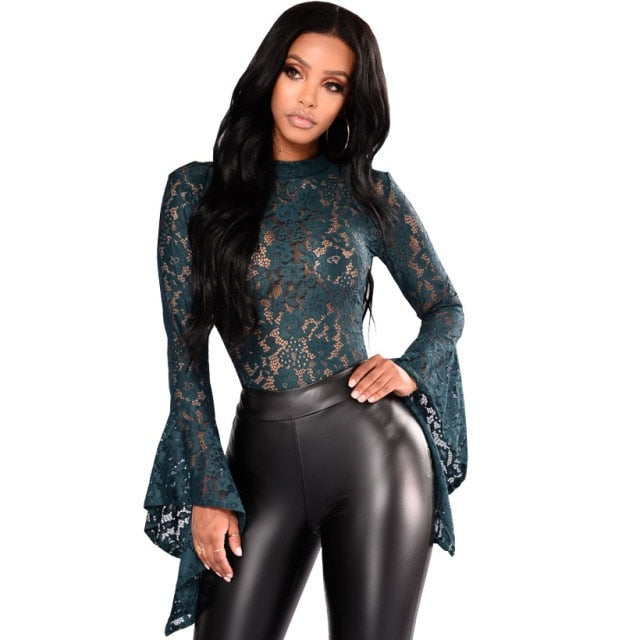 Black Lace Bell Sleeve Bodysuit - Black Lace Bodysuit - Black long Sleeve Bodysuit - Witchy Bodysuit