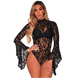 Black Lace Bell Sleeve Bodysuit - Black Lace Bodysuit - Black long Sleeve Bodysuit - Witchy Bodysuit