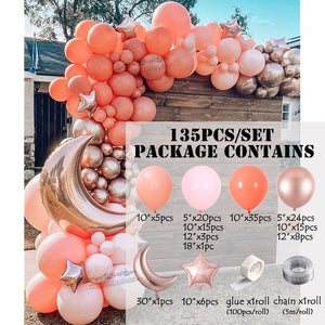 135 piece Rose & Coral Gold Mix Balloon Garland - Moon & Star Balloon Arch Kit - Birthday Phototshoot