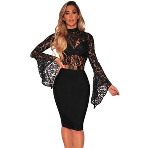 Black Lace Bell Sleeve Bodysuit - Black Lace Bodysuit - Black long Sleeve Bodysuit - Witchy Bodysuit