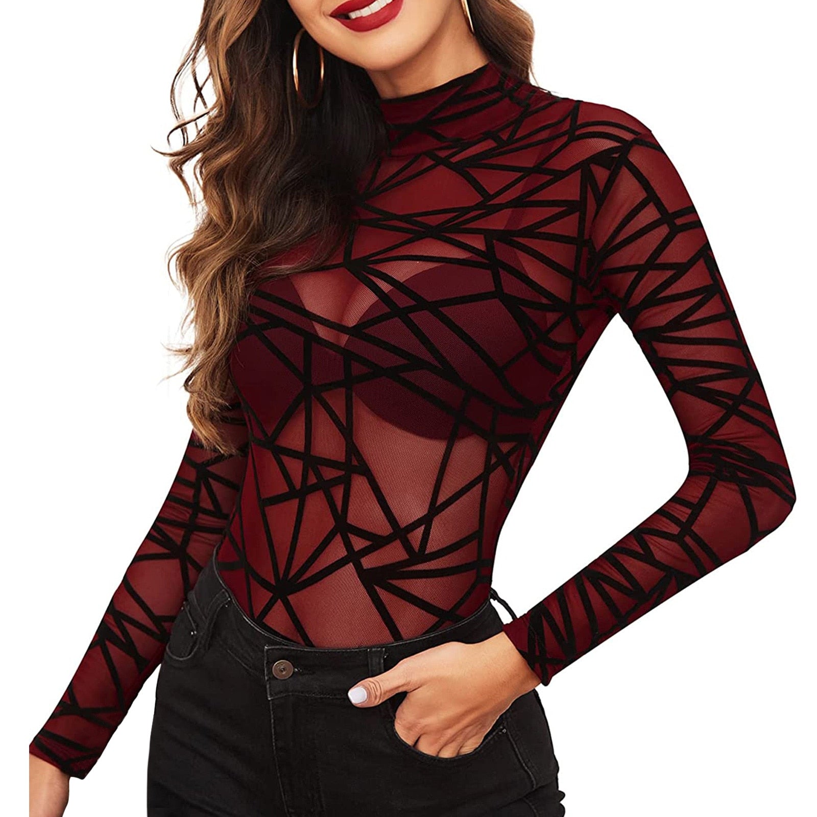Geometric Print Bodysuit - Red & Black Sheer Geometric Print bodysuit - Red & Black Vamp Bodysuit - Dark Red & Black bodysuit