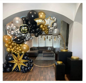 Black & Gold Shooting Star & Moon Balloon Garland Arch Kit - Black & Gold Shooting Star Balloon Arch Garland Kit