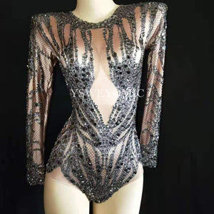 Black Rhinestone Sheer Performance Bodysuit, Long Sleeve Rhinestone Bodysuit, Performance Wear