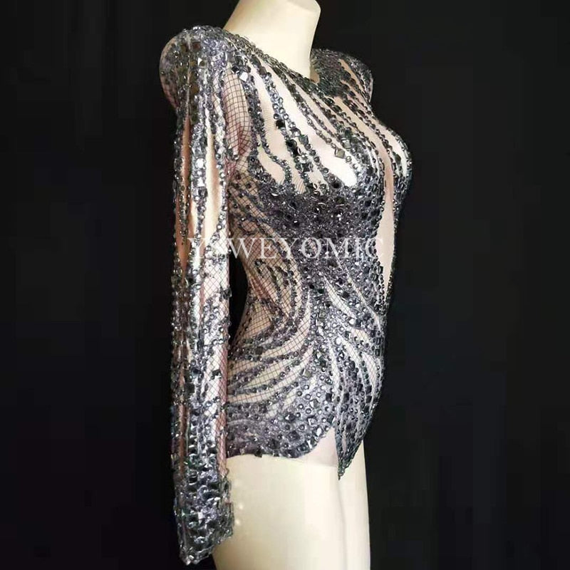 Black Rhinestone Sheer Performance Bodysuit, Long Sleeve Rhinestone Bodysuit, Performance Wear