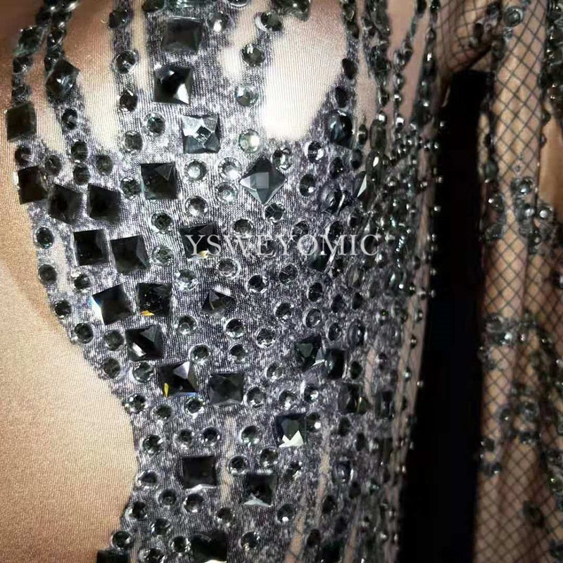 Black Rhinestone Sheer Performance Bodysuit, Long Sleeve Rhinestone Bodysuit, Performance Wear